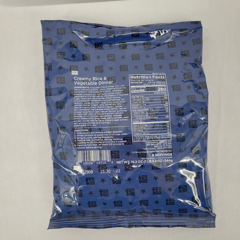 4Patriots Creamy Rice & Vegetable Dinner bag survival emergency food 8 servings